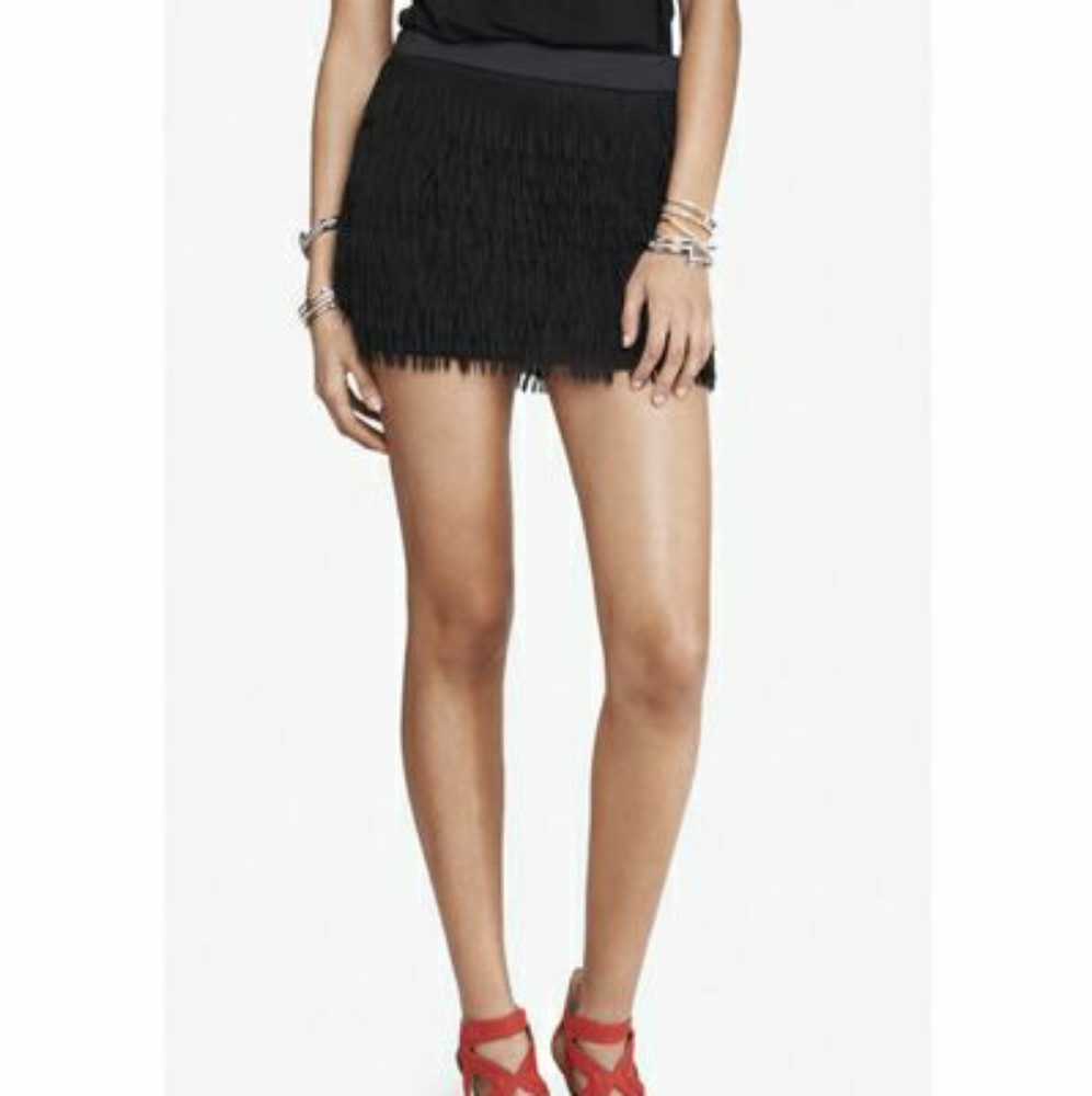 Express Black Chiffon Fringe Mini Skirt